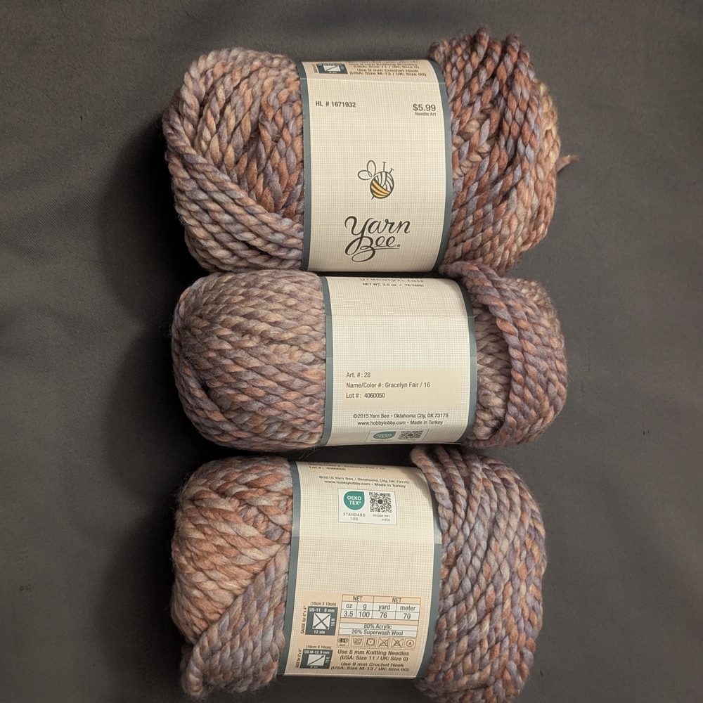 Yarn Bee Yarn, 3 Skeins, Gracelyn Fair Color